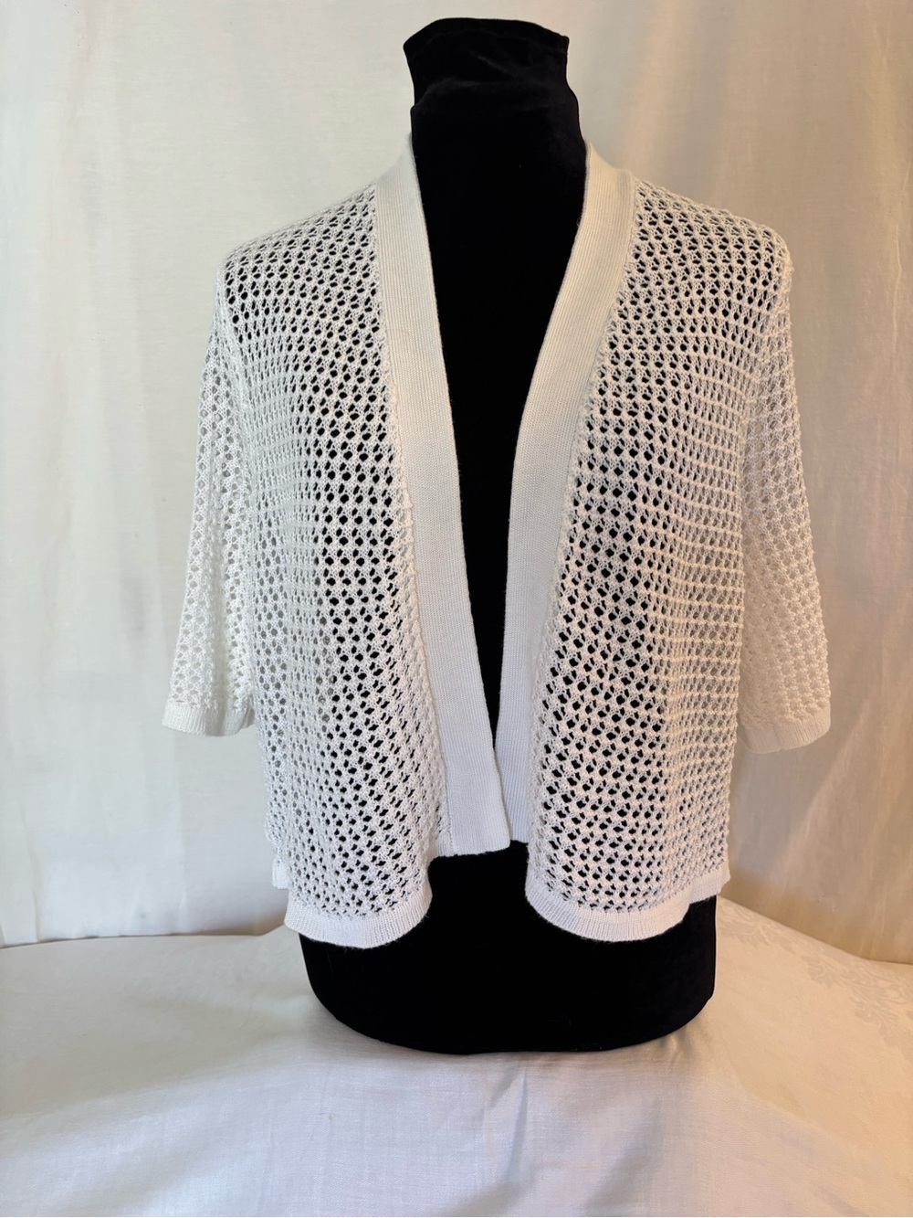 White Open Knit Crochet Cardigan Shrug XL Coastal Grandma Boho Beach Cover Up